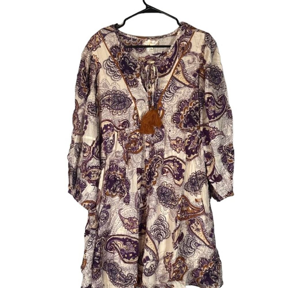 Band of The Free White & Purple Paisley Floral Boho Peasant Dress Women Sz L